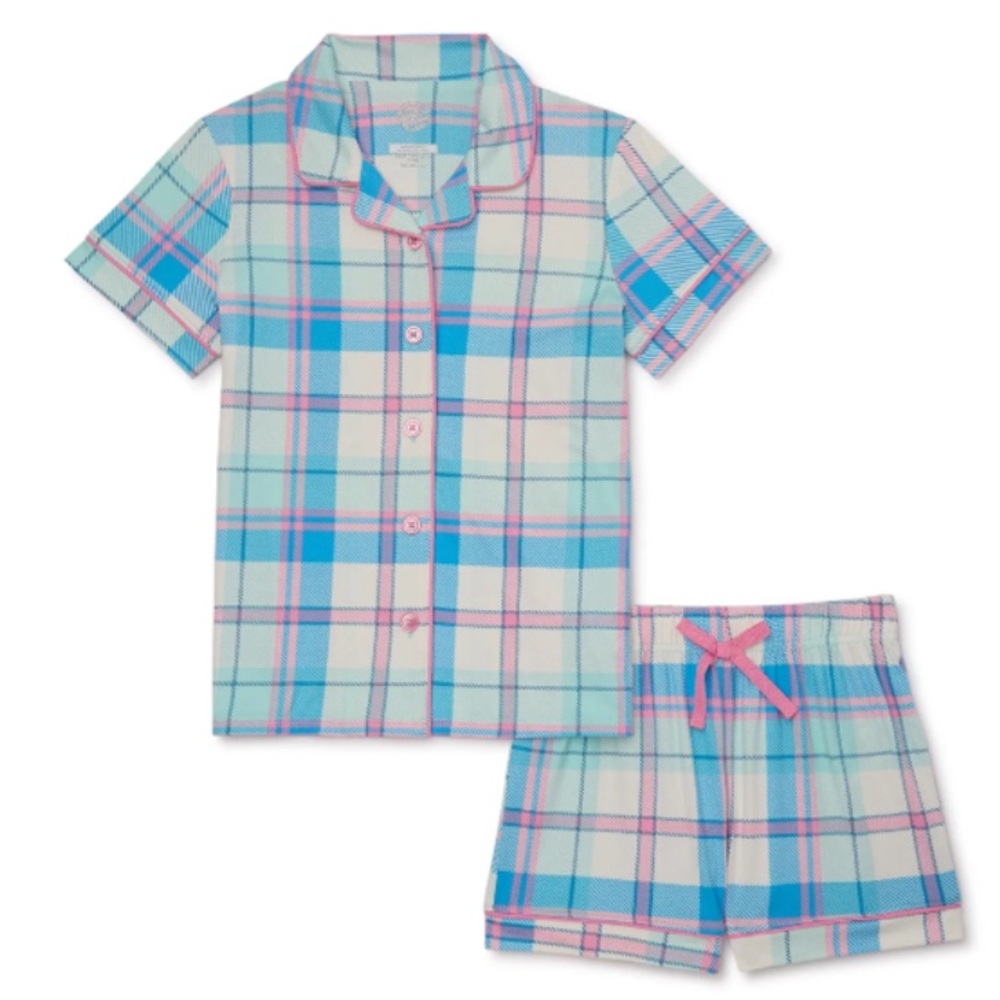 Wonder Nation Girl’s Button Front Top & Shorts Pajama Set Blue Plaid Size 6 NWT